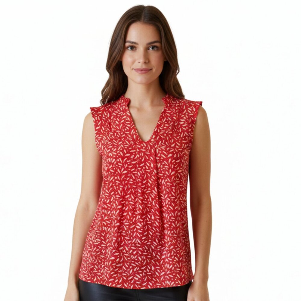 Dana Buchman Red Leaf Print Sleeveless V-Neck Blouse – Size XS
